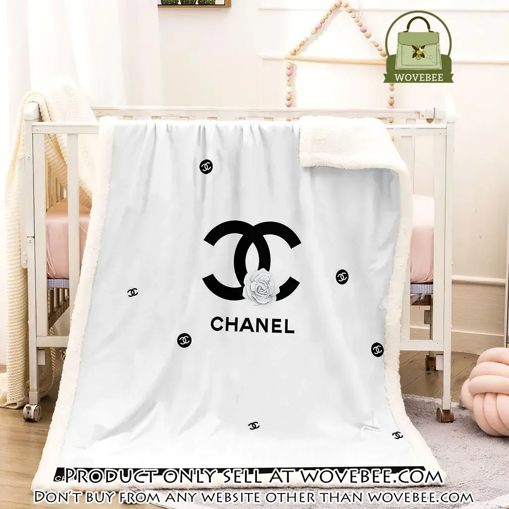 Chanel white roses black logo luxury brand premium blanket fleece home decor wvb4851736